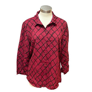 Habitat Clothes To Live In Women Top Red Black Windowpane Button Up Sz L